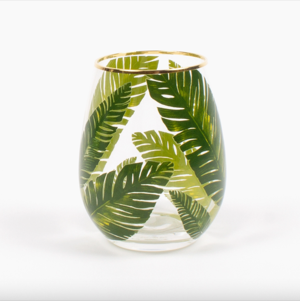 Stemless Wine Glass Painted With Green Gold Leaves Neutral 